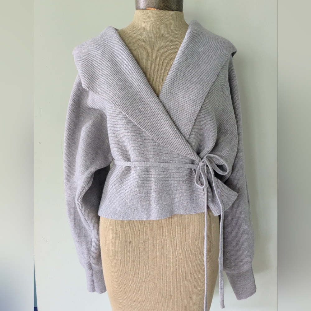 Dazy Hooded Ribbed Knit Light Gray Cropped Wrap Sweater Cardigan 2XL
